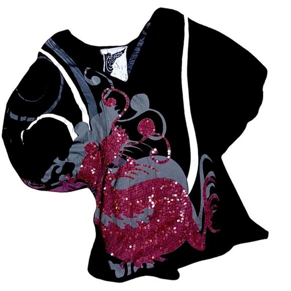 Burgundy Sequined Dragon Scoop Neck Puff Short Sleeve Top SZ S - Picture 5 of 12